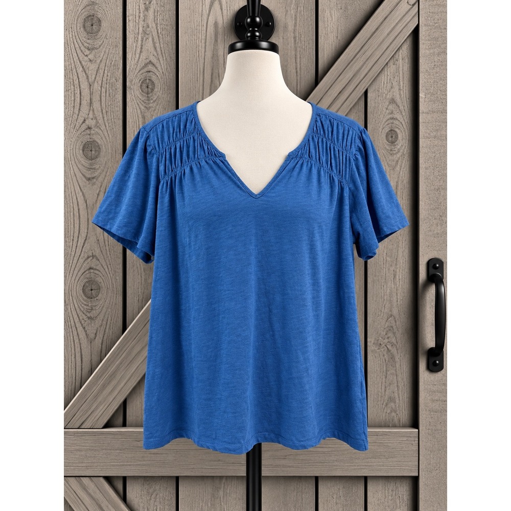 L.L.Bean Organic Cotton Tee Top Size Large Blue Pullover Ruched Short Sleeve
